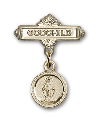 Baby Pin with Miraculous Charm and Angel with Godchild Badge Pin - 14KT Gold Filled