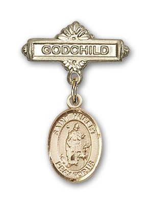 Pin Badge with St. Hubert of Liege Charm and Godchild Badge Pin - Gold Tone