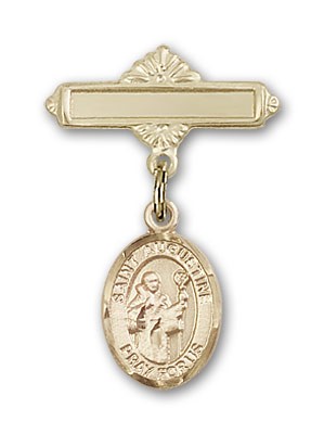 Pin Badge with St. Augustine Charm and Polished Engravable Badge Pin - 14K Solid Gold
