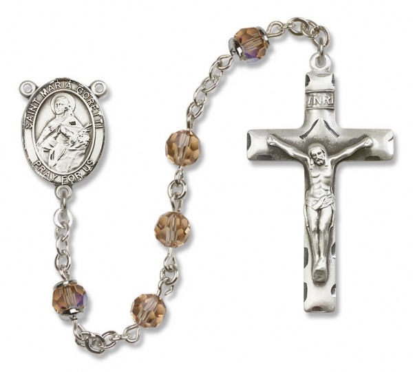 St. Maria Goretti Sterling Silver Heirloom Rosary Squared Crucifix - Topaz