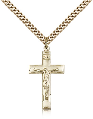 Women's Etched Border Crucifix Medal - 14KT Gold Filled