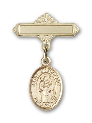 Pin Badge with St. Stanislaus Charm and Polished Engravable Badge Pin - 14K Solid Gold