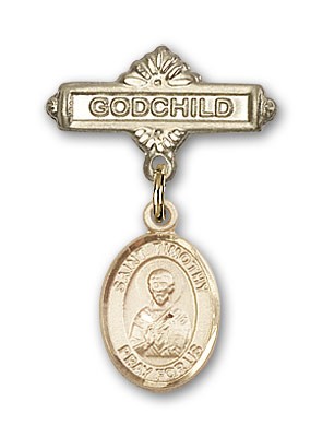 Pin Badge with St. Timothy Charm and Godchild Badge Pin - Gold Tone