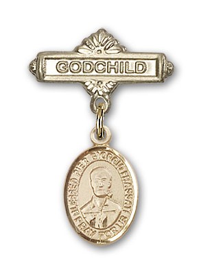 Pin Badge with Blessed Pier Giorgio Frassati Charm and Godchild Badge Pin - 14K Solid Gold