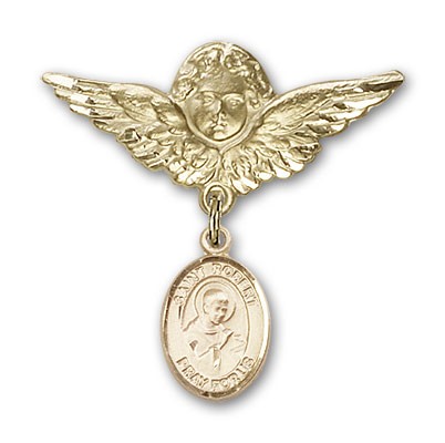 Pin Badge with St. Robert Bellarmine Charm and Angel with Larger Wings Badge Pin - 14K Solid Gold