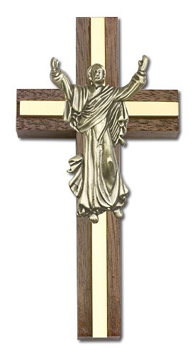 Risen Christ Wall Cross in Walnut and Metal Inlay 4&quot; - Gold Tone