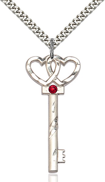Larger Double Hearts Key Pendant with Birthstone - Ruby Red