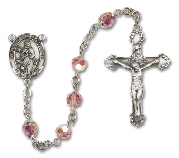 Our Lady of Assumption Sterling Silver Heirloom Rosary Fancy Crucifix - Light Rose