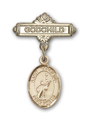 Pin Badge with St. Tarcisius Charm and Godchild Badge Pin - 14K Solid Gold