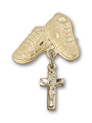 Baby Badge with Crucifix Charm and Baby Boots Pin - 14K Solid Gold