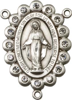 Large Miraculous Sterling Silver Rosary Centerpiece with Clear Glass Stud Border  - Sterling Silver
