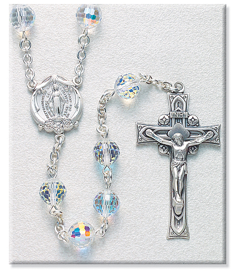 8mm Crystal Swarovski Beads Rosary in Sterling Silver with Round Miraculous Center - Crystal