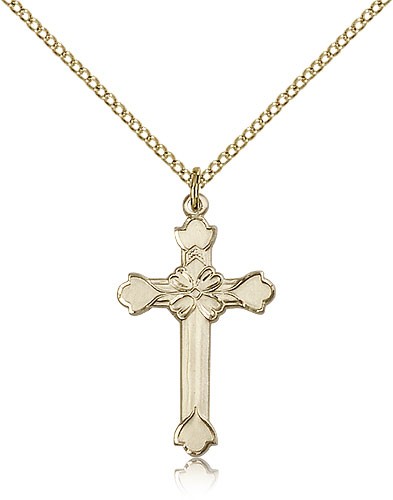 Floral Center Women's Cross Necklace - 14KT Gold Filled