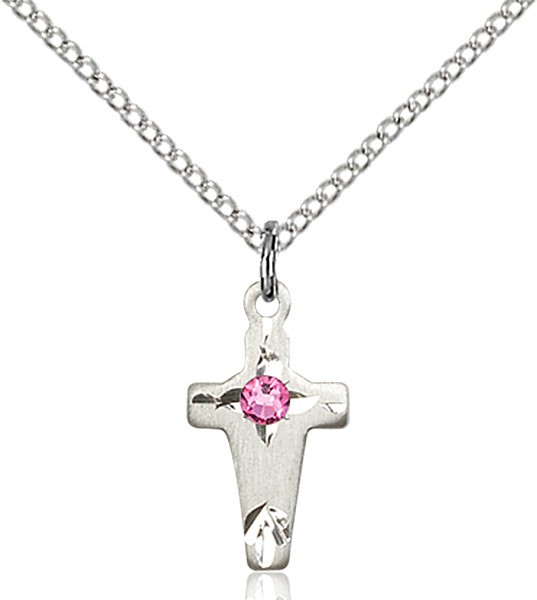 Square Edge Child's Cross Pendant with Birthstone Options - Rose