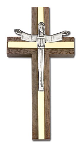 Contemporary Risen Christ Wall Cross in Walnut and Metal Inlay 4&quot; - Two-Tone Gold