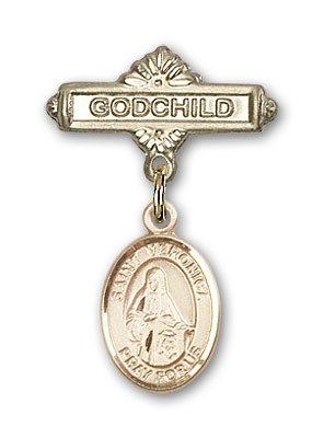 Pin Badge with St. Veronica Charm and Godchild Badge Pin - Gold Tone