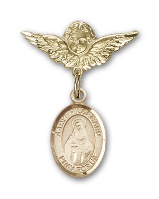 Pin Badge with St. Hildegard Von Bingen Charm and Angel with Smaller Wings Badge Pin - 14K Solid Gold