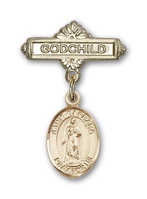 Pin Badge with St. Barbara Charm and Godchild Badge Pin - 14K Solid Gold