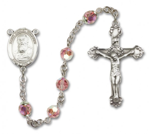 St. Daniel Comboni Sterling Silver Heirloom Rosary Fancy Crucifix - Light Rose