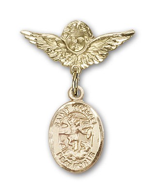 Pin Badge with St. Michael the Archangel Charm and Angel with Smaller Wings Badge Pin - 14K Solid Gold