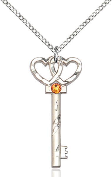 Small Key with Double Heart Pendant and Birthstone - Topaz