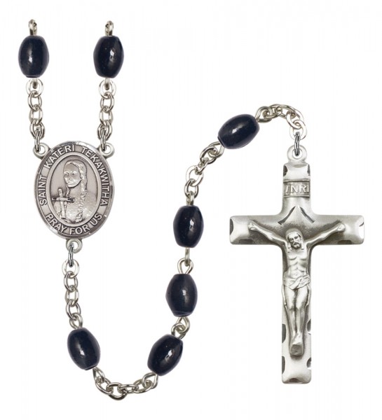 Men's St. Kateri Tekakwitha Silver Plated Rosary - Black Oval