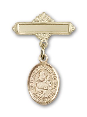 Pin Badge with Our Lady of Prompt Succor Charm and Polished Engravable Badge Pin - 14K Solid Gold