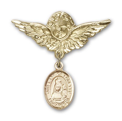 Pin Badge with Our Lady of Loretto Charm and Angel with Larger Wings Badge Pin - 14K Solid Gold