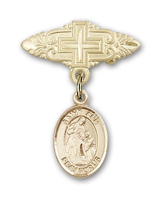 Pin Badge with St. Ann Charm and Badge Pin with Cross - 14K Solid Gold