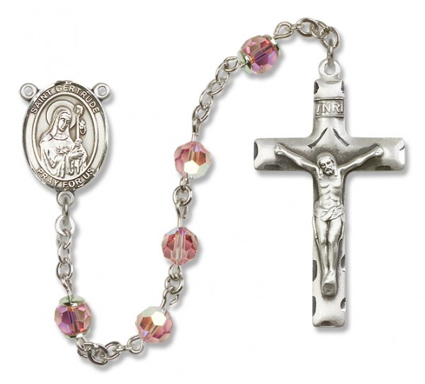 St. Gertrude of Nivelles Sterling Silver Heirloom Rosary Squared Crucifix - Light Rose