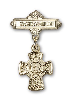 Baby Badge with Red 5-Way Charm and Godchild Badge Pin - Gold Tone