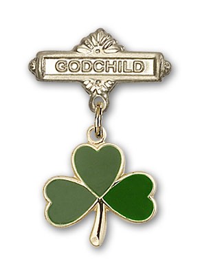 Baby Badge with Shamrock Charm and Godchild Badge Pin - Gold Tone