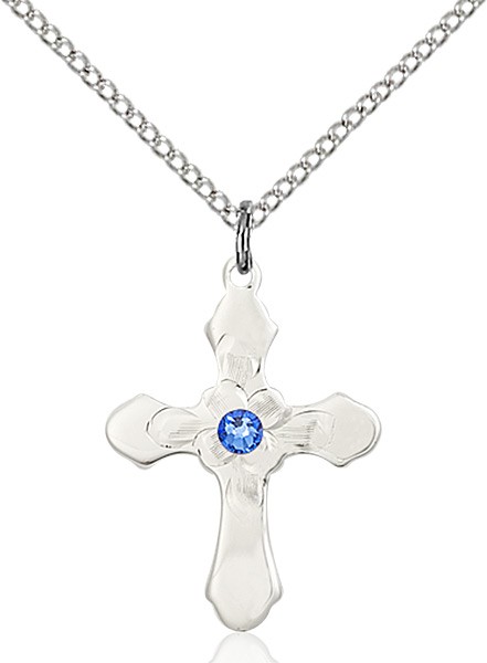 Floral Center Youth Cross Pendant with Birthstone Options - Sapphire