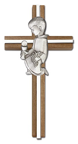 First Communion Boy Wall Cross in Walnut and Metal Inlay - 6 inch  - Silver tone