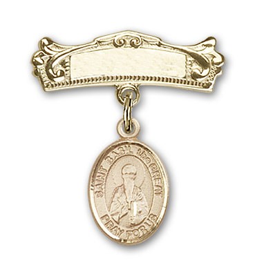Pin Badge with St. Basil the Great Charm and Arched Polished Engravable Badge Pin - Gold Tone