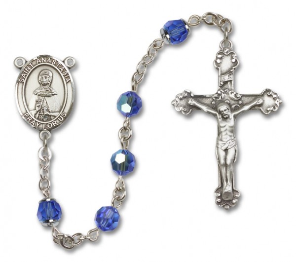 St. Anastasia Sterling Silver Heirloom Rosary Fancy Crucifix - Sapphire