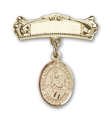Pin Badge with St. Lidwina of Schiedam Charm and Arched Polished Engravable Badge Pin - Gold Tone