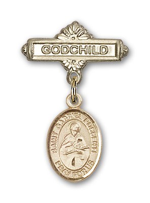 Pin Badge with St. Gabriel Possenti Charm and Godchild Badge Pin - Gold Tone