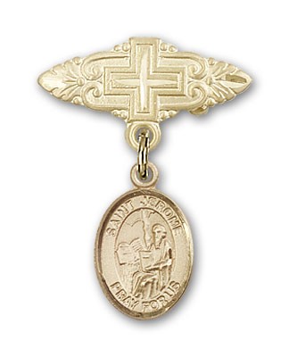 Pin Badge with St. Jerome Charm and Badge Pin with Cross - Gold Tone