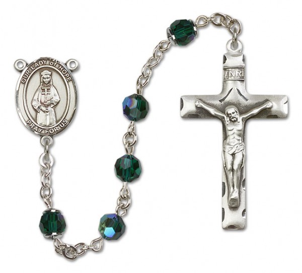 Our Lady of Hope Sterling Silver Heirloom Rosary Squared Crucifix - Emerald Green