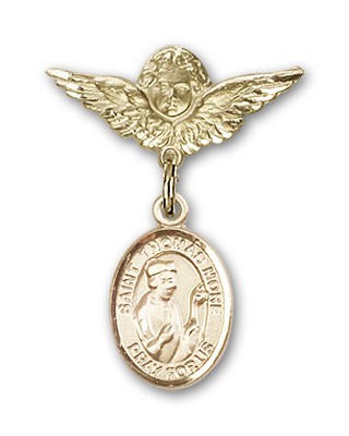 Pin Badge with St. Thomas More Charm and Angel with Smaller Wings Badge Pin - 14K Solid Gold