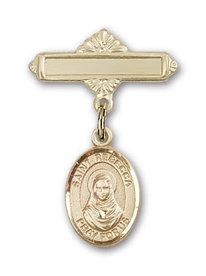 Pin Badge with St. Rebecca Charm and Polished Engravable Badge Pin - 14K Solid Gold