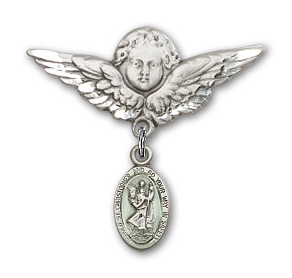 Pin Badge with St. Christopher Charm and Angel with Larger Wings Badge Pin - Sterling Silver | Blue Enamel