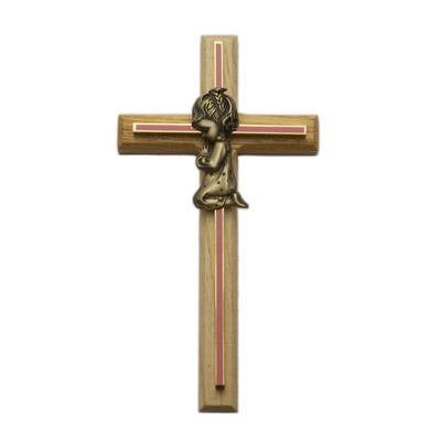 Pink Enamel Oak Wood Praying Girl Baby Cross 8&quot;H   - Light Brown