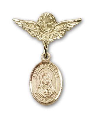 Pin Badge with St. Rebecca Charm and Angel with Smaller Wings Badge Pin - 14K Solid Gold