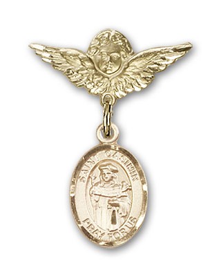 Pin Badge with St. Casimir of Poland Charm and Angel with Smaller Wings Badge Pin - 14K Solid Gold