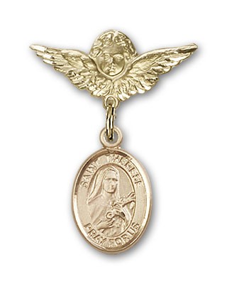 Pin Badge with St. Therese of Lisieux Charm and Angel with Smaller Wings Badge Pin - 14K Solid Gold