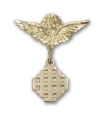 Pin Badge with Jerusalem Cross Charm and Angel with Smaller Wings Badge Pin - 14K Solid Gold