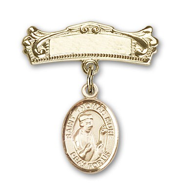 Pin Badge with St. Thomas More Charm and Arched Polished Engravable Badge Pin - 14K Solid Gold