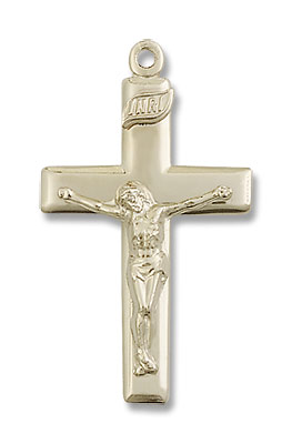 Women's High Polish Block Style Crucifix Necklace - 14K Solid Gold